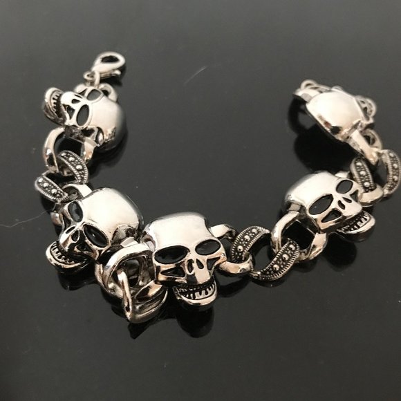 Skull Bracelet Chain Biker Silver Rock Mans Moto Gothic Motorcycle Skulls Unisex - Picture 2 of 10